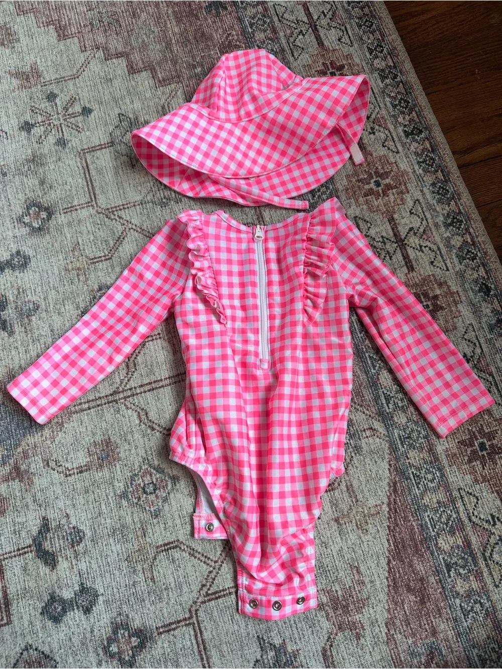 GAP Hot Pink Gingham Long-Sleeve Rashguard with Matching Sun Hat - 12-18M